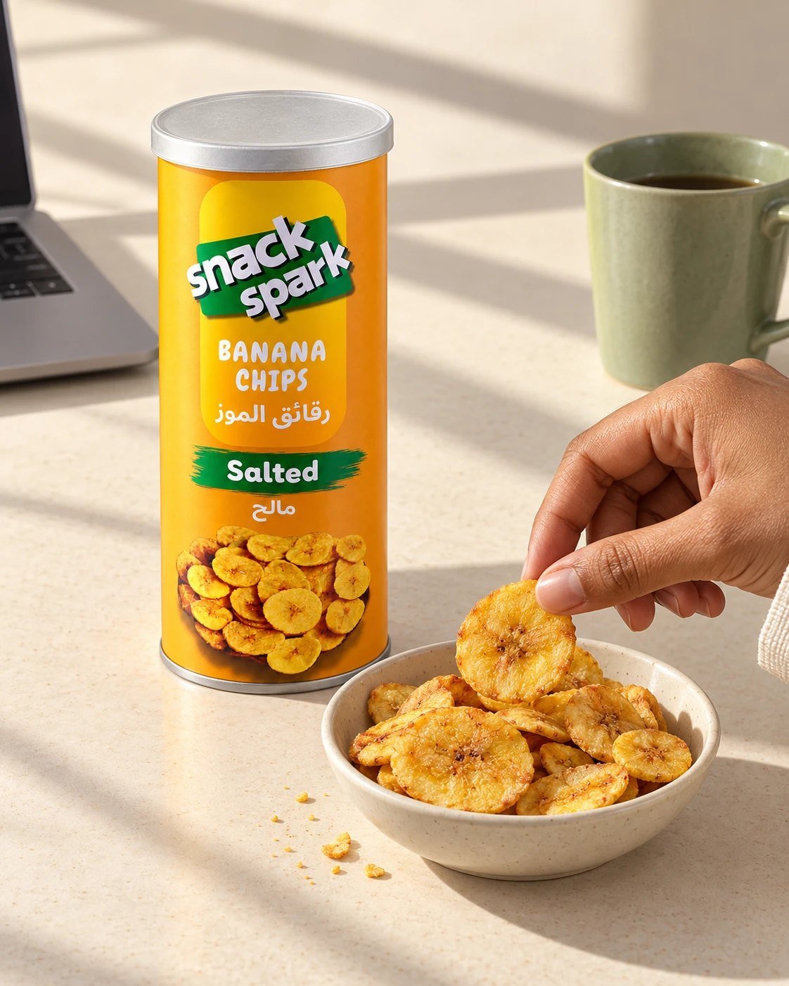 A Salted can on a sunny desk beside a bowl of banana chips and a mug of coffee