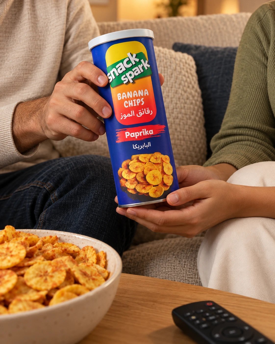 Two friends on a sofa passing a Paprika can, with a bowl of chips and a TV remote
