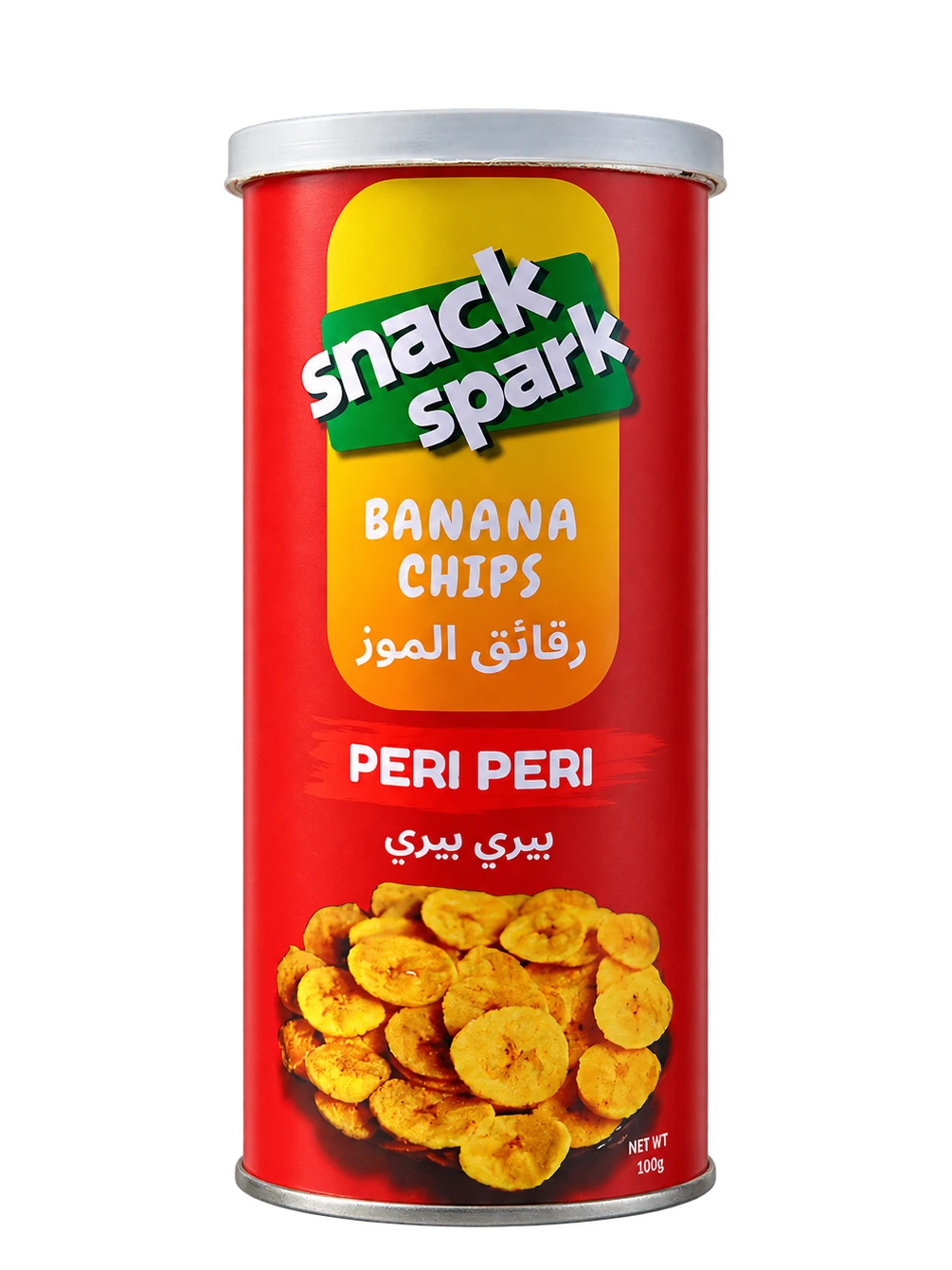 Snack Spark Peri Peri banana chips in a red can